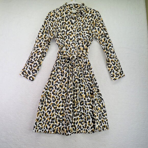 J Crew Dress Womens 4 Leopard Belted Long Sleeve Button Front Cotton A5328 - Picture 1 of 13